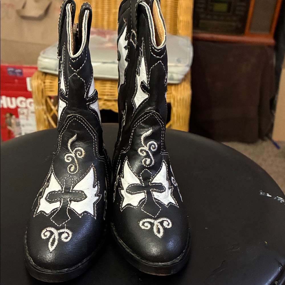 HUGO Black and White Embroidered Boots